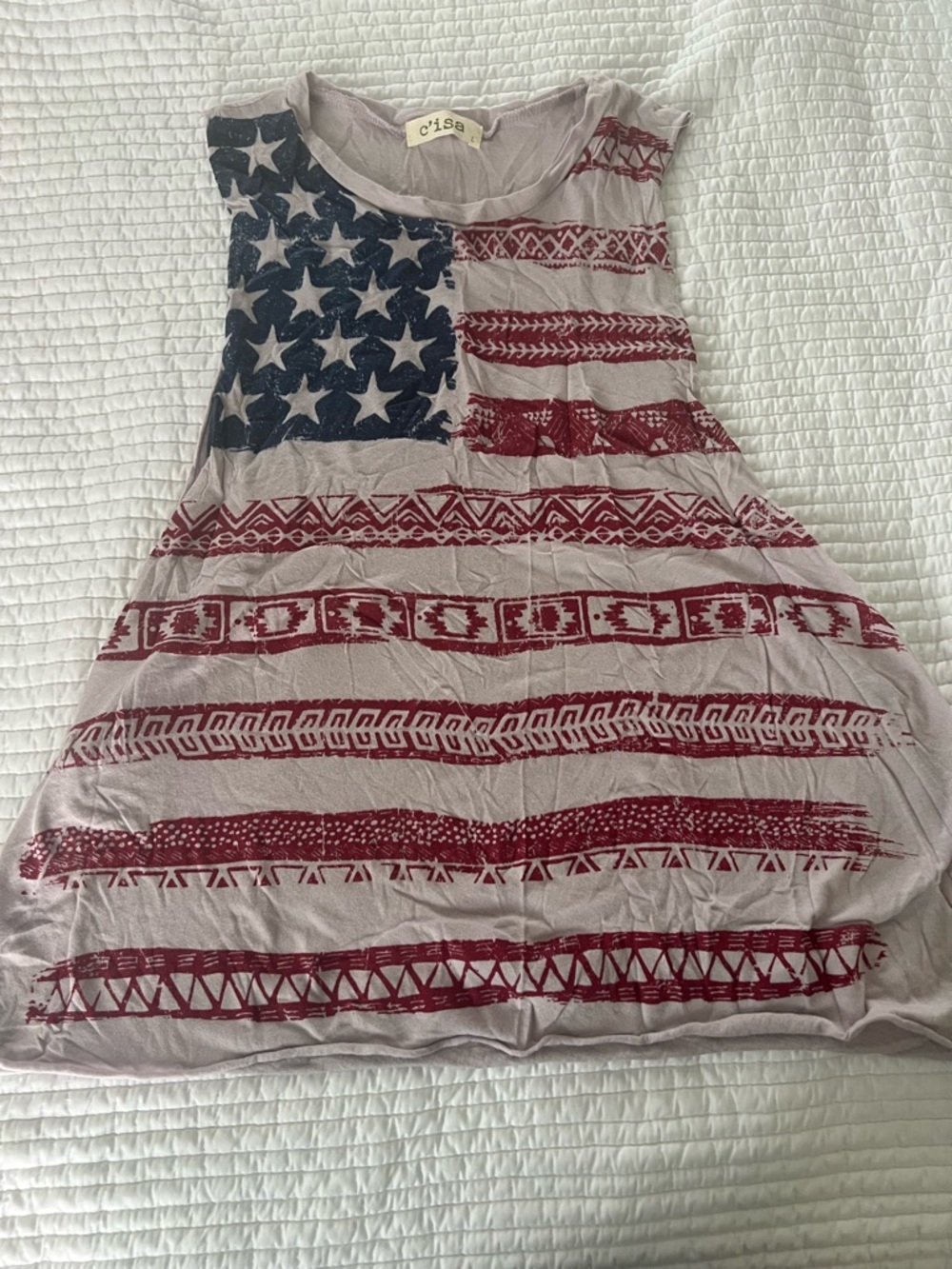 Sleeveless American Flag Print Tank Top - Taupe with Red & Blue